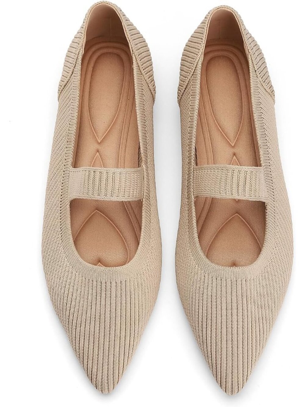 Women All Beige Comfortable Pointed Toe Knit Foldable Slip On Ballet Flat Shoes